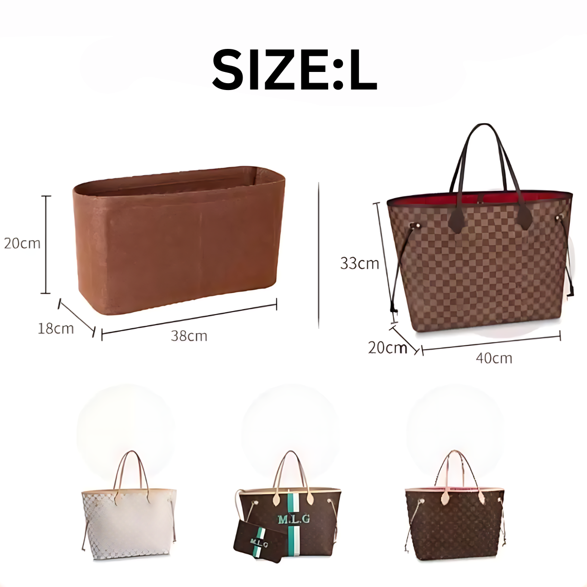 BAGINBAG Handmade  Bag Organizer Bag Inner Compatible with LV Neverfull Bag Various Sizes Available